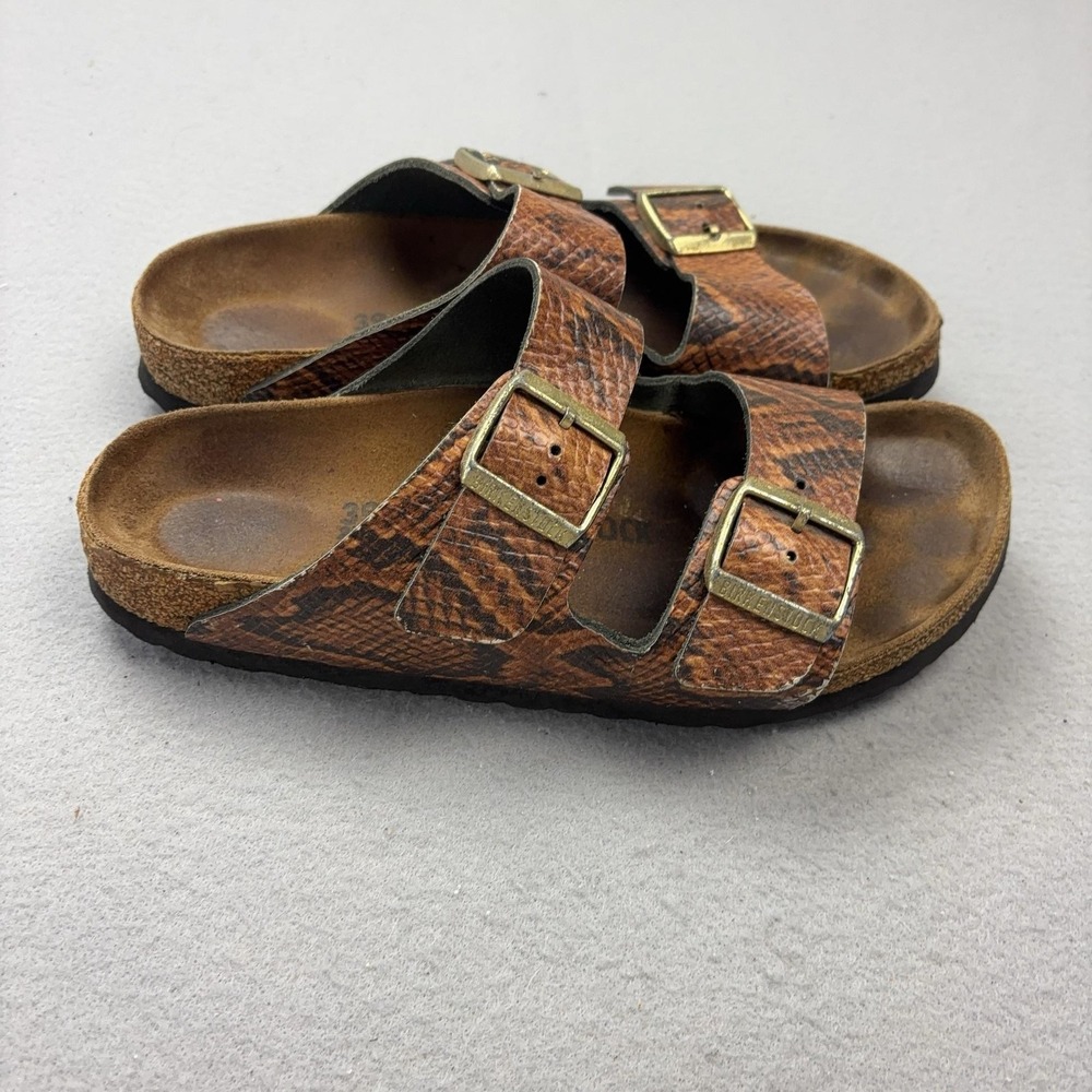 Birkenstock Arizona Shoes Womens Size 8 Brown Snake Print Sandals Cork Footbed